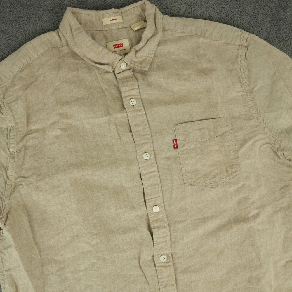 Levis Button Up Shirt Mens 2XL Tan Linen Blend‎ Slim Fit Short Sleeve Summer